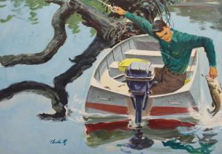 Appraisal: Thornton Utz - 'Man in Boat' illustration Most likely Saturday