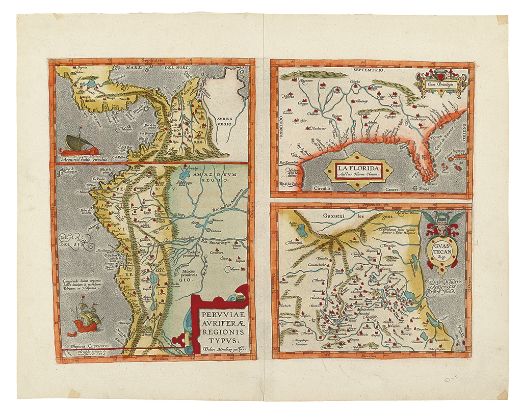 Appraisal: ORTELIUS ABRAHAM La Florida Guastecan Peruuiae Double-page engraved mapsheet with