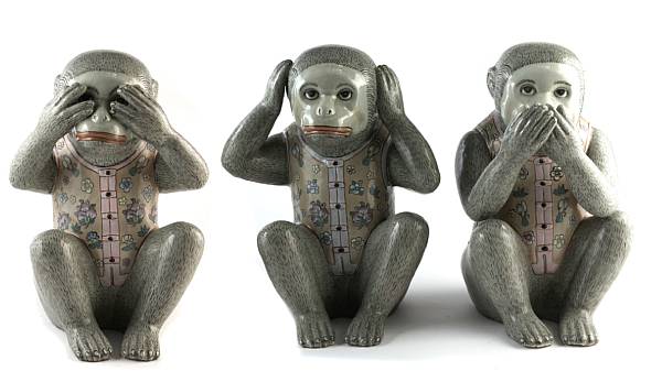 Appraisal: A group of three models of monkeys together with a