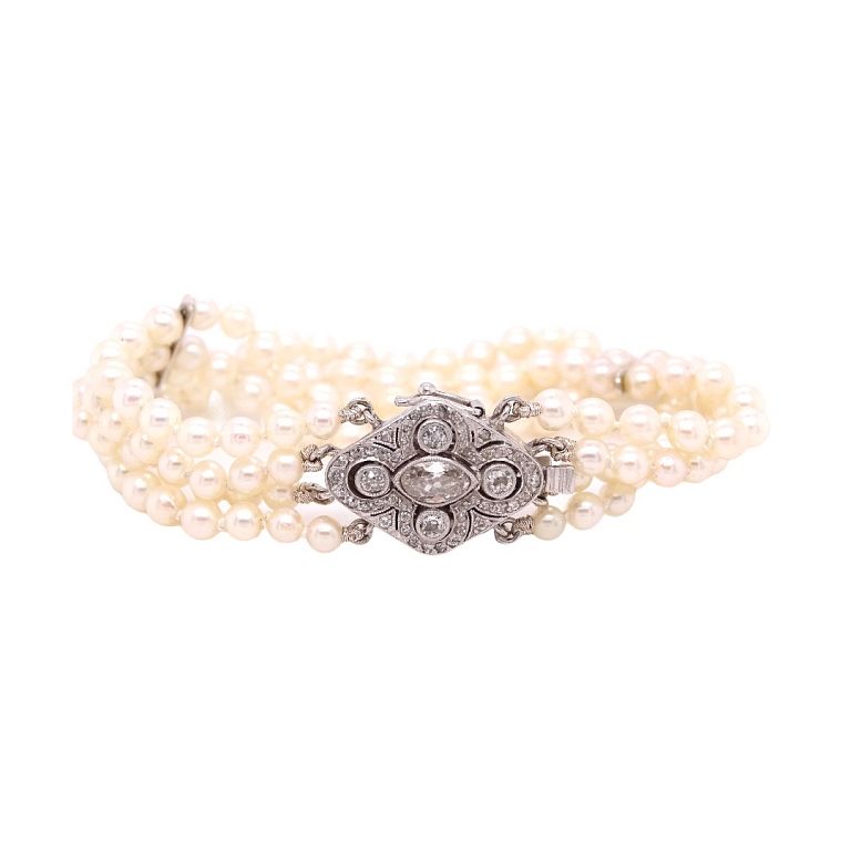 Appraisal: Diamond Four Strain Pearl Bracelet Diamond Four Strain Pearl Bracelet