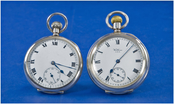 Appraisal: Waltham Open Faced Silver Pocket Watch White Porcelain Dial With