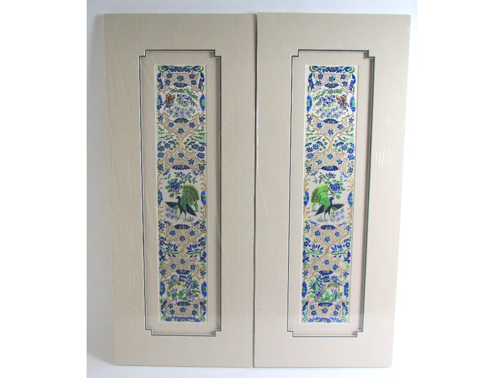 Appraisal: A pair of silk peacock sleeve panels board mounted x