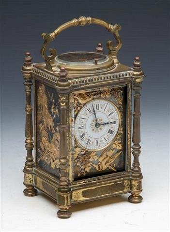 Appraisal: A FRENCH BRASS CARRIAGE CLOCK the repeat mechanism the side