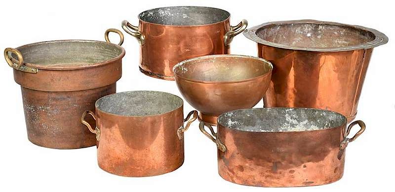 Appraisal: Six Large Copper Cooking Pots British Continental th century Benham