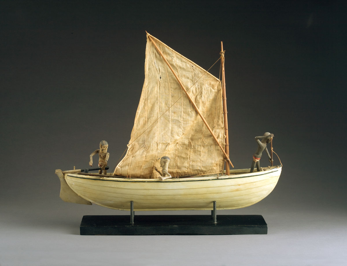 Appraisal: WOOD MODEL OF A WHALE BOAT WITH LINEN SAILS Fitted