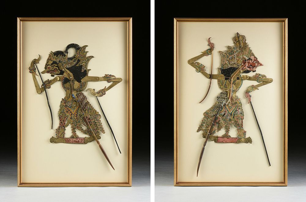 Appraisal: A PAIR OF INDONESIAN WAYANG KULIT PARCEL GILT POLYCHROME SHADOW