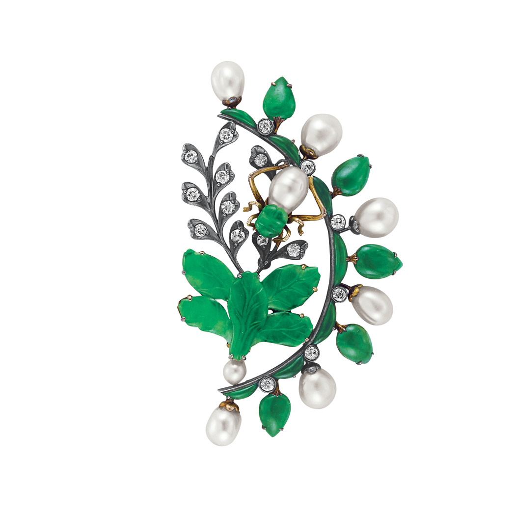 Appraisal: Silver Gold Jade Pearl and Diamond Brooch The stylized branch