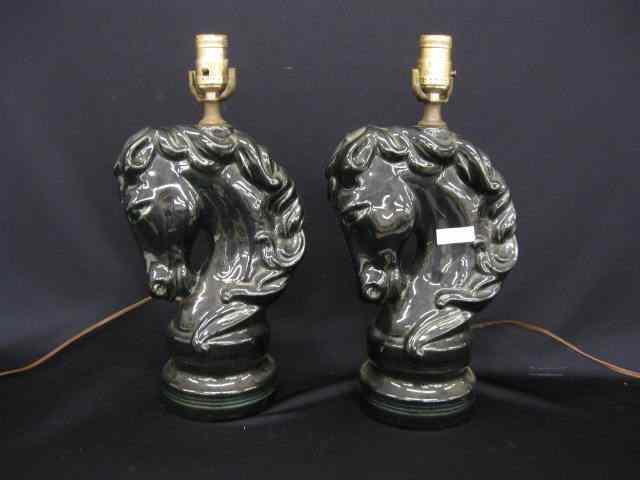 Appraisal: Pair of Figural Horsehead Pottery Lamps black '' body excellent