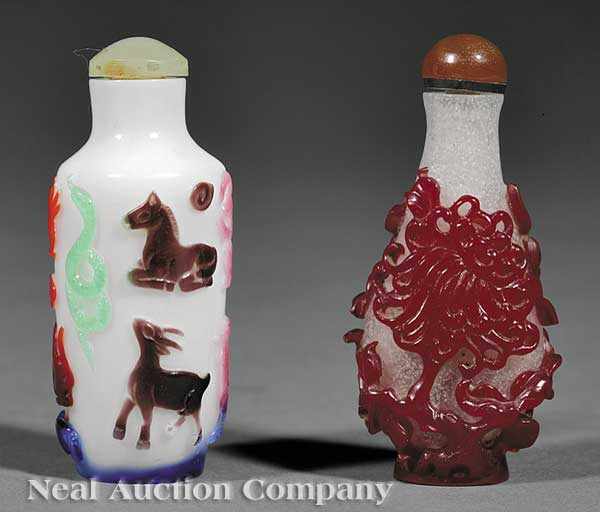 Appraisal: Two Chinese Glass Overlay Snuff Bottles late th c the