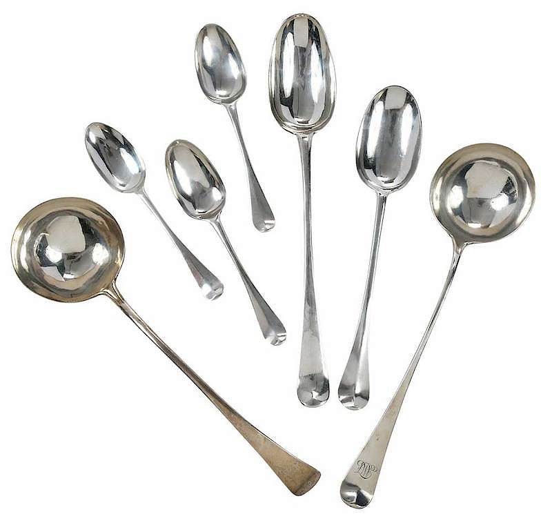 Appraisal: Seven George II English Silver Spoons Ladles most London -