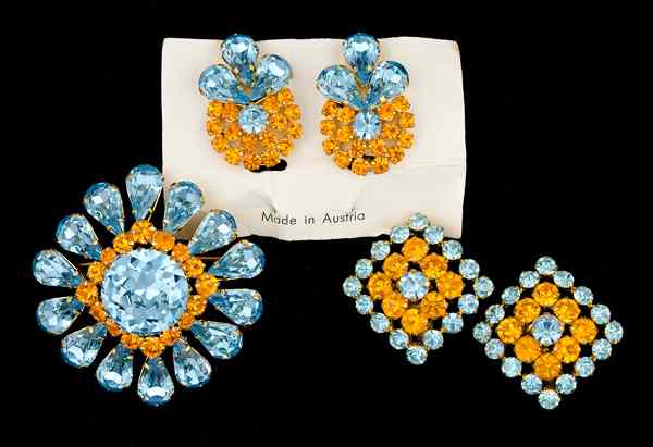 Appraisal: Austrian Ear Clips and Brooch A grouping of a brooch