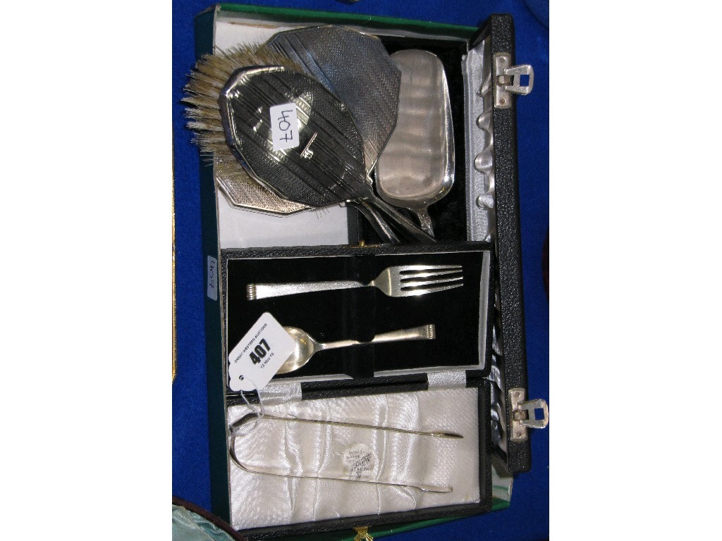 Appraisal: Lot comprising silver brush and mirror set silver tongs silver