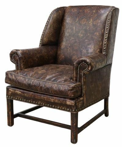 Appraisal: Embossed leather wingback armchair Old Hickory Tannery late th c