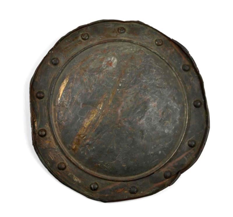 Appraisal: Early Hand Hammered Brass Shield Has numerous dents and abrasions