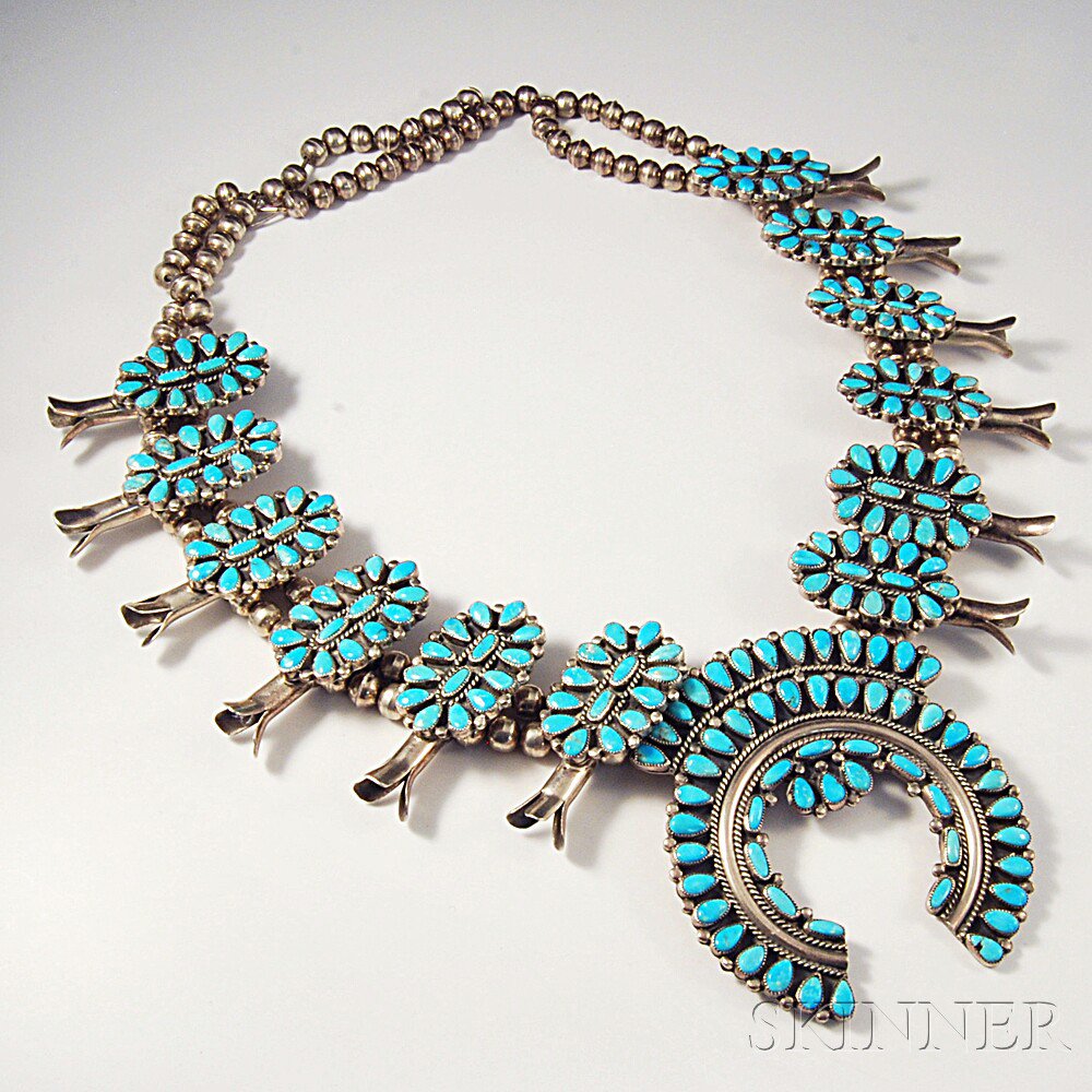 Appraisal: Sterling Silver and Turquoise Squash Blossom Necklace Victor Moses Begay