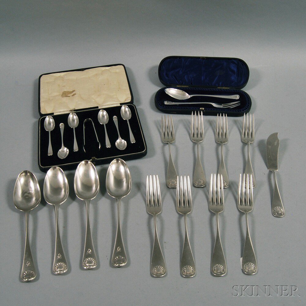 Appraisal: Small Group of Silver Shell-handled Flatware including a cased English