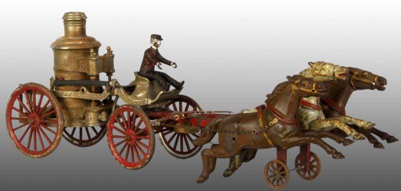 Appraisal: Cast Iron Horse-Drawn Fire Pumper Toy Description Oversize Three horses