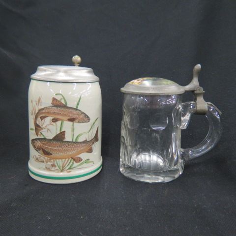 Appraisal: Steins Victorian glass with porcelain inset top depicting hunter s