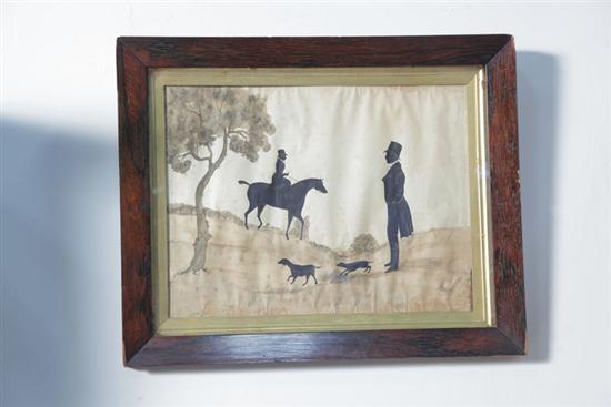 Appraisal: WATERCOLOR HUNTING SILHOUETTE Likely th century Watercolor on paper depicting