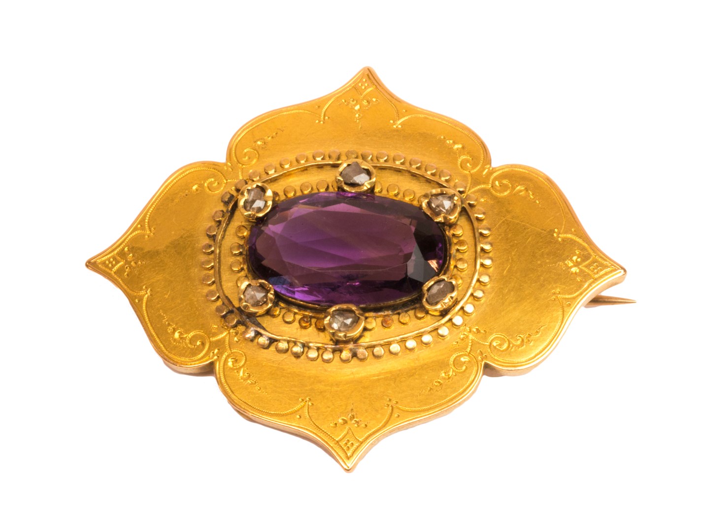 Appraisal: A gold amethyst and diamond set brooch of shaped oval