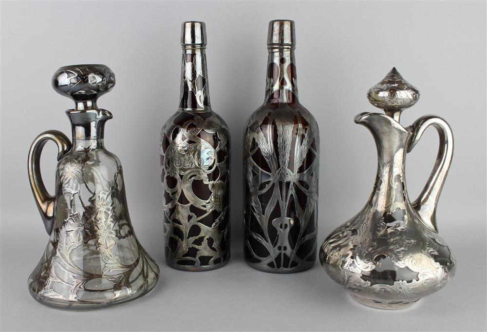 Appraisal: FOUR SILVER-OVERLAY GLASS VESSELS including a Gorham Sherry ewer and