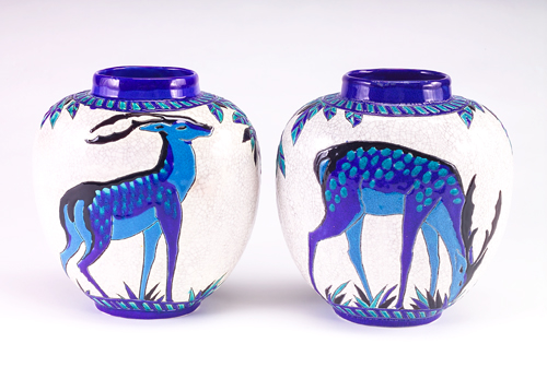 Appraisal: CHARLES CATTEAU Pair of flattened vases enamel-decorated in the Art