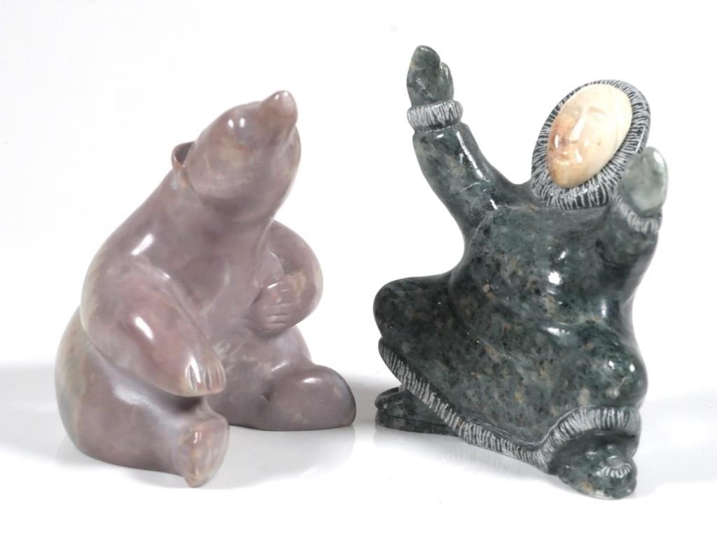 Appraisal: Native American Inuit soapstone figural carvings of an Eskimo and