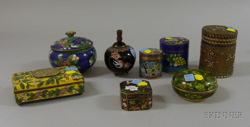 Appraisal: Eight Pieces of Cloisonne a rectangular jar with jade insert