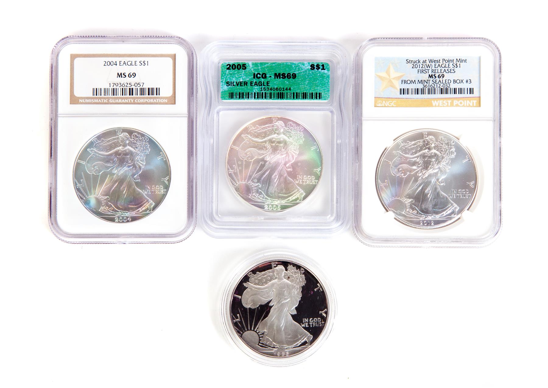 Appraisal: FOUR AMERICAN SILVER EAGLES in original mint box MS and