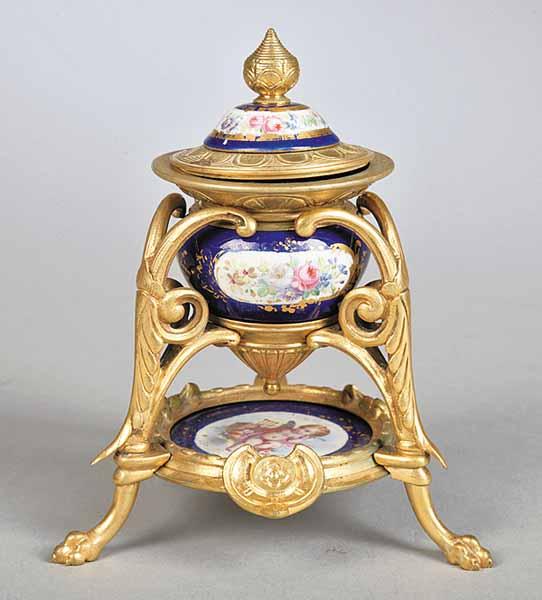 Appraisal: A Continental Gilt Bronze and Painted Porcelain Encrier late th