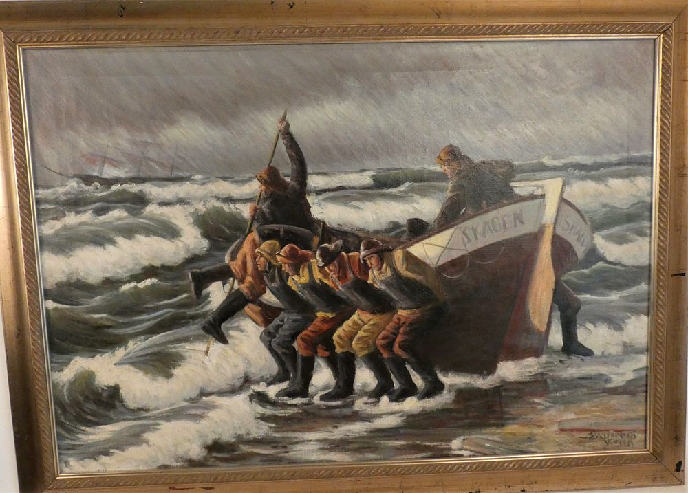 Appraisal: E WEINREICH PAINTING OF MARINE RESCUE Old oil painting on