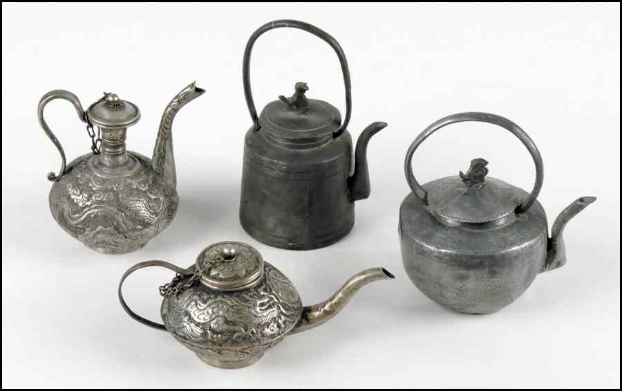 Appraisal: TWO CHINESE METAL WINE POTS Together with two Chinese metal