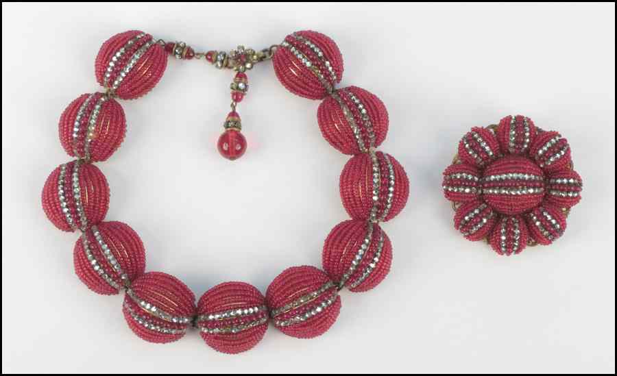 Appraisal: MIRIAM HASKELL RHINESTONE AND RED SEED BEAD DEMI-PARURE Comprised of