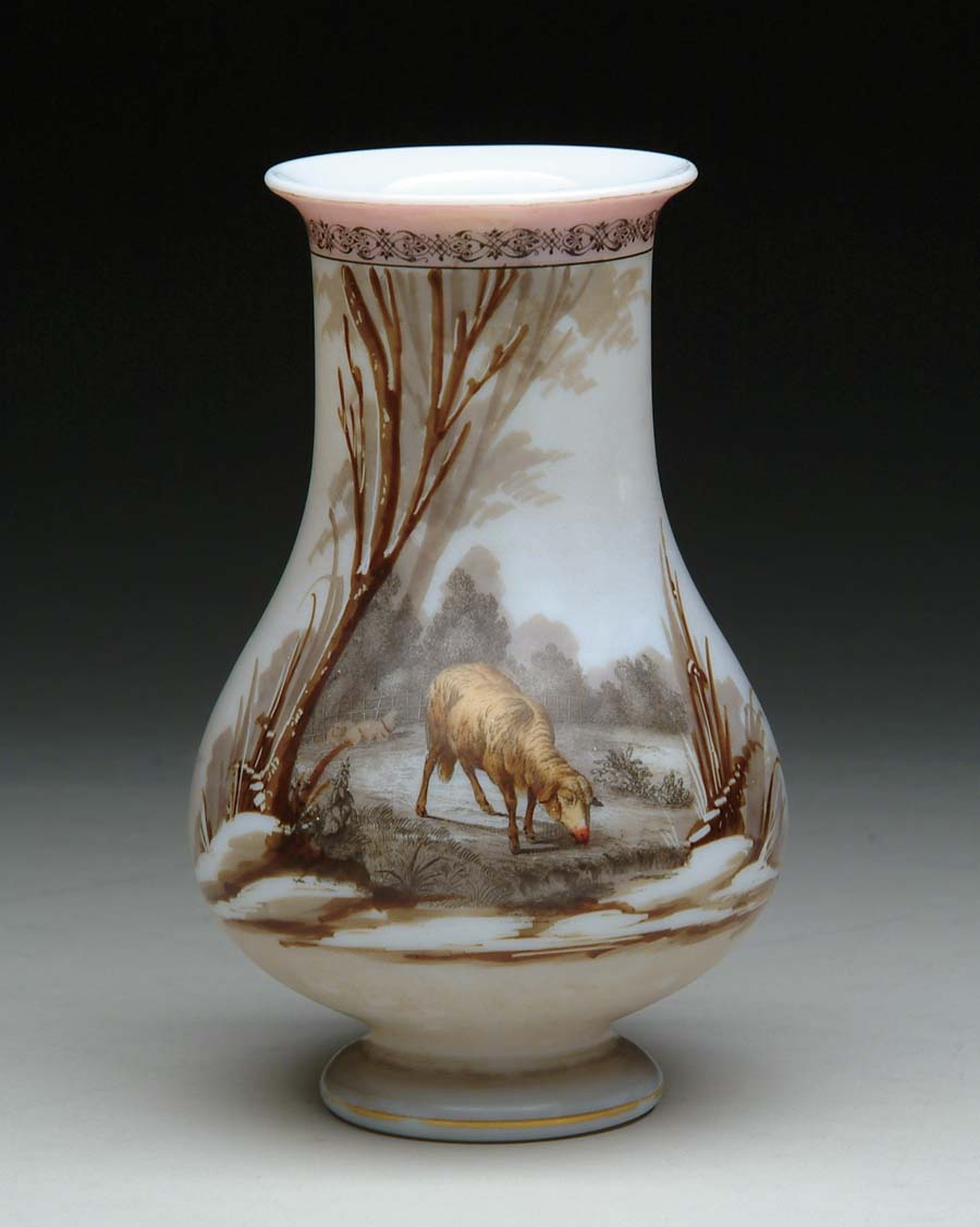 Appraisal: DECORATED ART GLASS VASE White opal glass with a decoration