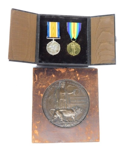 Appraisal: British War and Victory Medals cased plus a Memorial Plaque