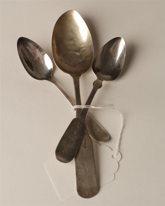 Appraisal: Three Coin Silver Spoons an unmarked soup serving spoon monogrammed