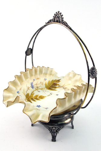 Appraisal: A MT WASHINGTON GLASS BRIDES BOWL on a silverplated frame