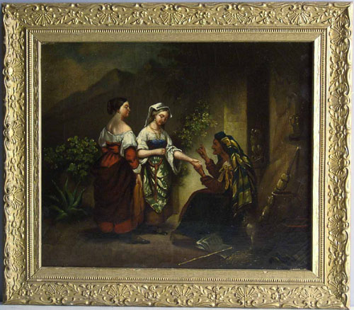 Appraisal: Oil on canvas scene th c with a fortune teller