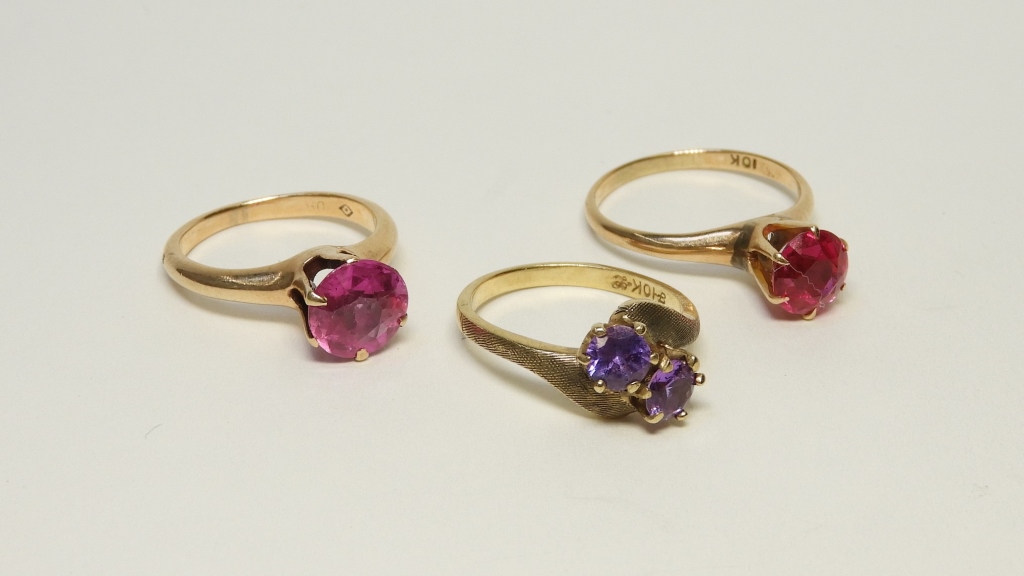 Appraisal: ESTATE K GOLD AMETHYST RUBY SPINEL RINGS th CenturyThree piece