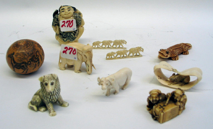 Appraisal: COLLECTION OF NINE IVORY PIECES AND A TACQUA NUT The