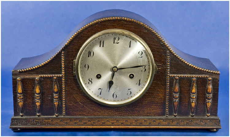 Appraisal: Oak Striking Mantle Clock Silvered Dial With Arabic Numerals