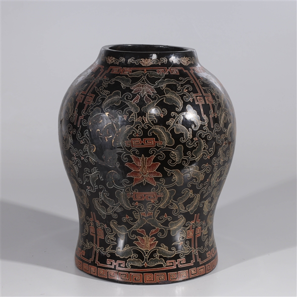 Appraisal: Chinese black lacquered wooden vase with gilt detail and allover