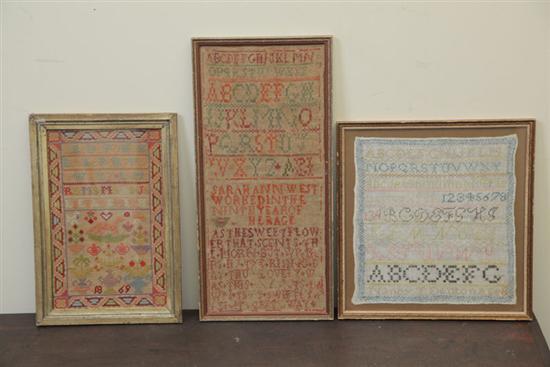 Appraisal: THREE SAMPLERS ''Nancy Denton'' alphabet sampler ''Sarah Ann West'' alphabet