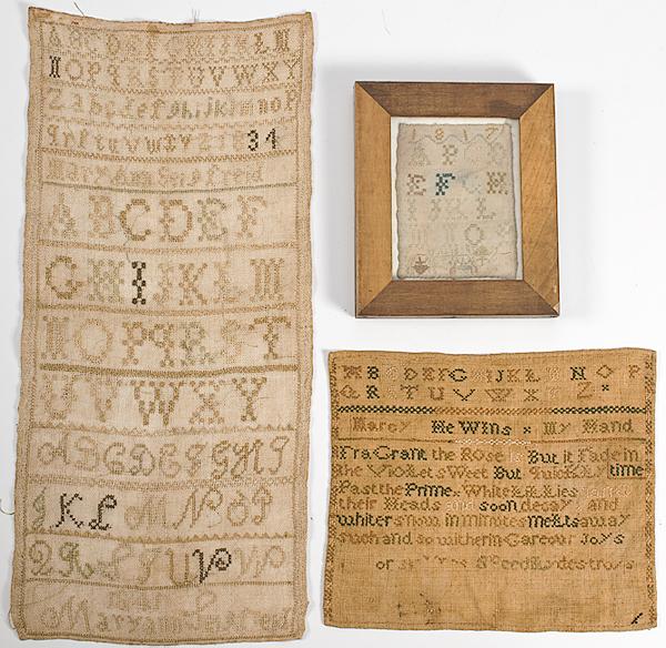 Appraisal: ALPHABET SAMPLERS th century silk on linen three total includes