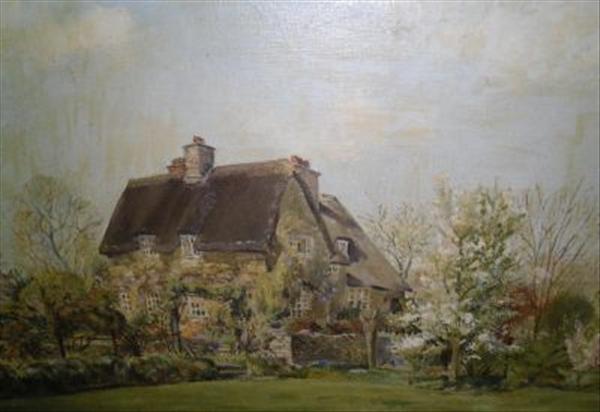 Appraisal: H Lea Cottage and gardens Oil on canvas Signed and