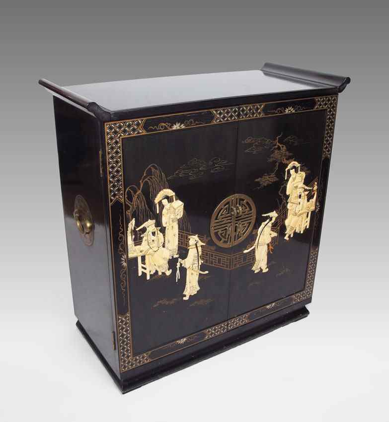 Appraisal: CHINOISERIE AND STONE INLAY ORIENTAL BAR Black lacquer finish with