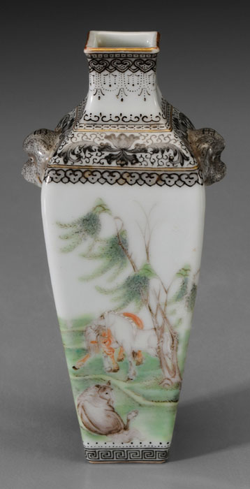 Appraisal: Miniature Famille Verte Vase Chinese Republic period - tapering square-sectioned