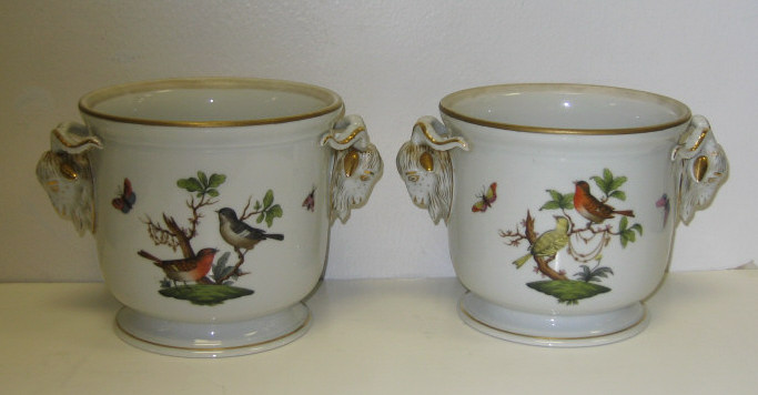 Appraisal: PAIR OF HEREND PORCELAIN CACHEPOTS Hand painted Rothschild Bird pattern