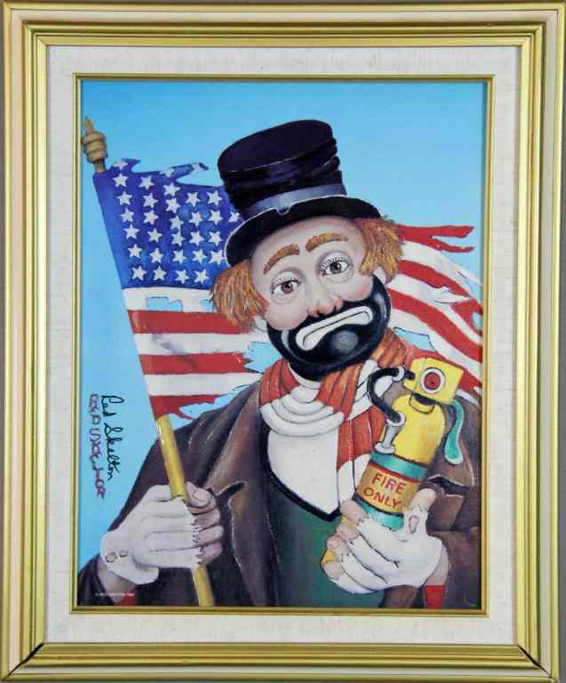 Appraisal: Red Skelton Oil Painting Over PrintDepicting a clown holding a