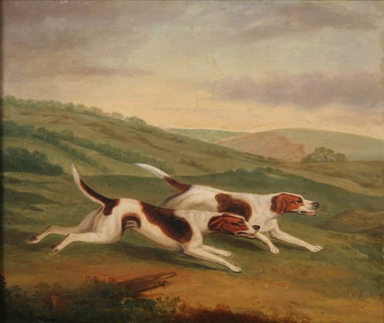 Appraisal: ENGLISH SCHOOL th century TWO DOGS ON THE HUNT oil